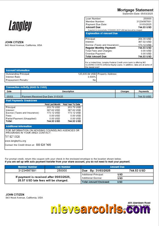 USA Langley Federal Credit Union bank mortgage statement